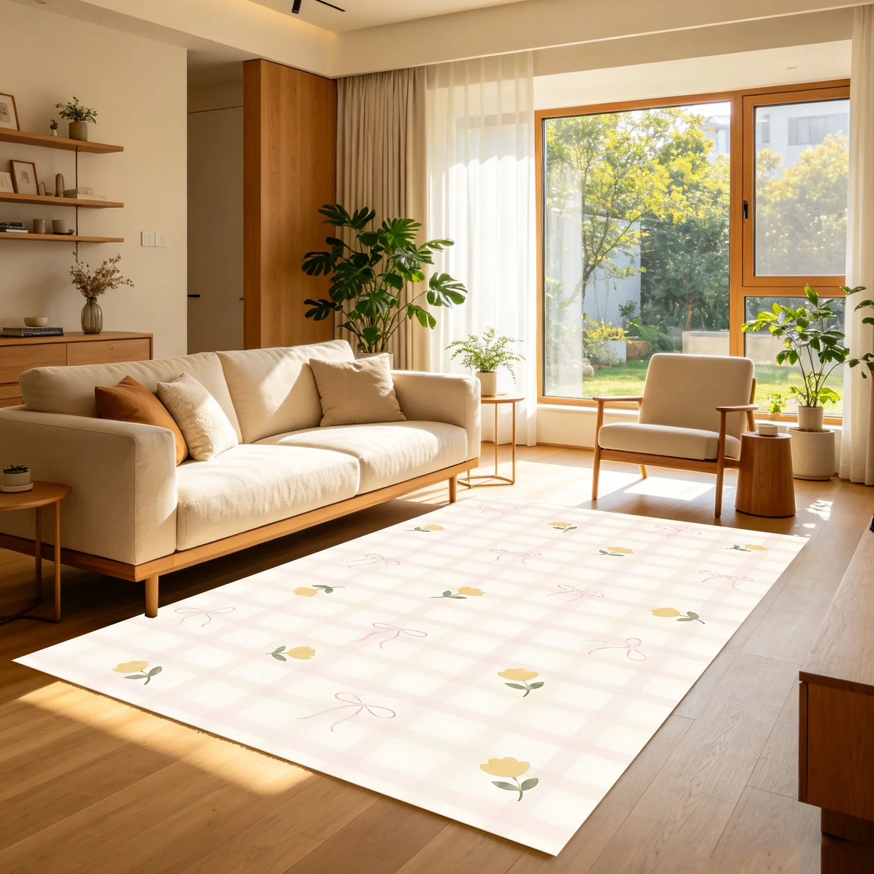 Light Pink Plaid Floral Long Rug, Delicate Bow & Yellow Flower Pattern Floor Mat, Fresh Simple Style for Bedroom Entryway Home Decor