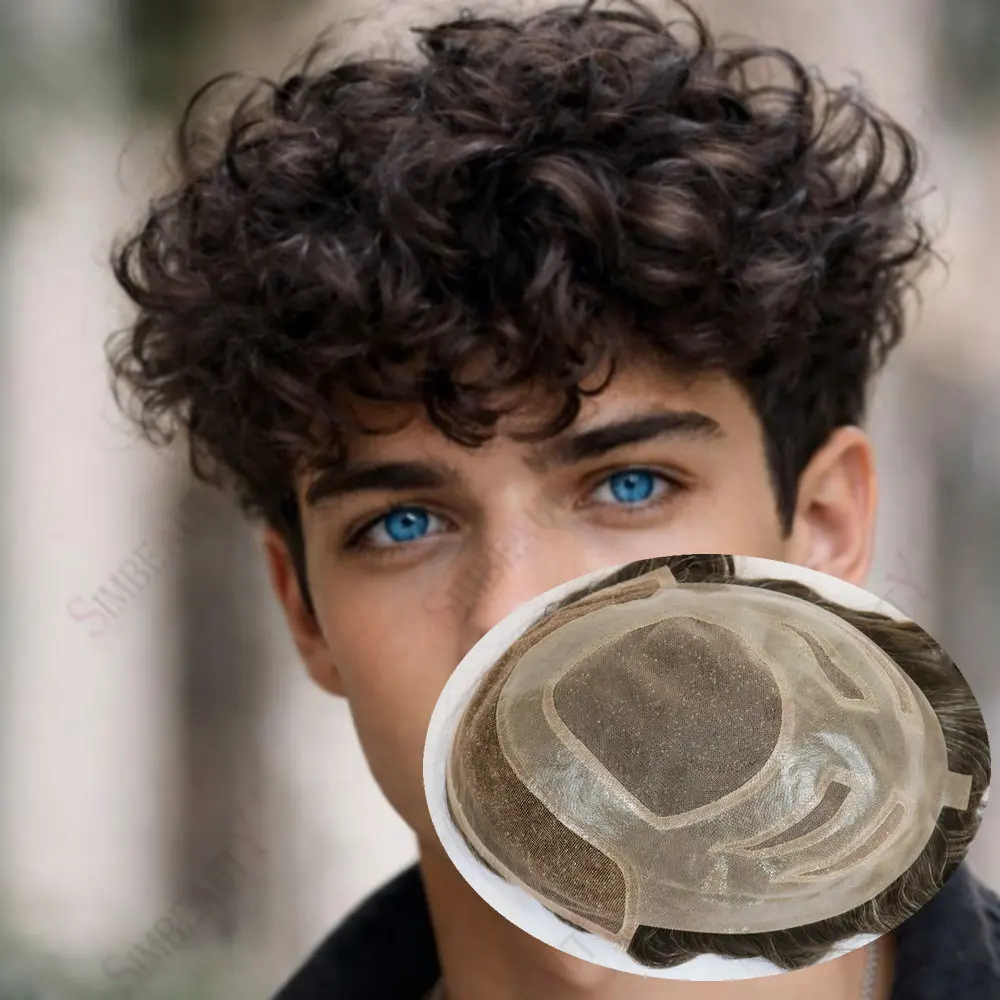 

Невидимый мужской парик 28 мм, кудрявый, из швейцарского кружева Versalite и полиуретана, с отбеленными узелками, естественная линия роста волос, серо-черный, из натуральных человеческих волос