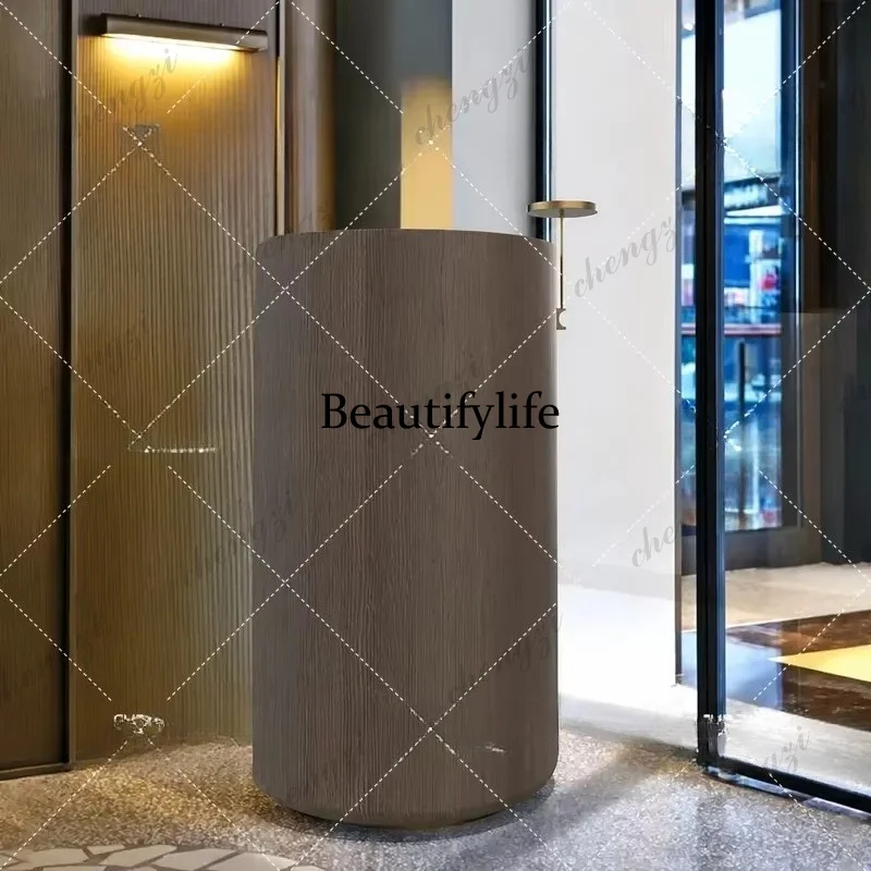 Wood grain cashier counter, creative curved reception desk, dining room, beauty salon consultation, information desk