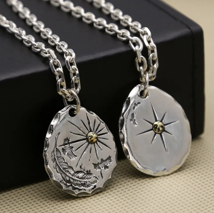 

Takahashi Handmade Sun S925 Sterling Silver Fashion Large Pendant for Men's Ethnic Style Necklace Korean Edition Simple Hanging