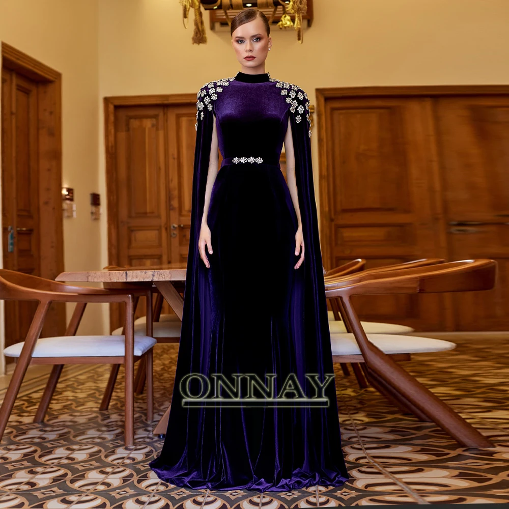 

Customized Purple Velvet Graduation Dresses with Cape for Women High Neck Kuwait Dubai Robes De Soiree Bespoke Special Occasion