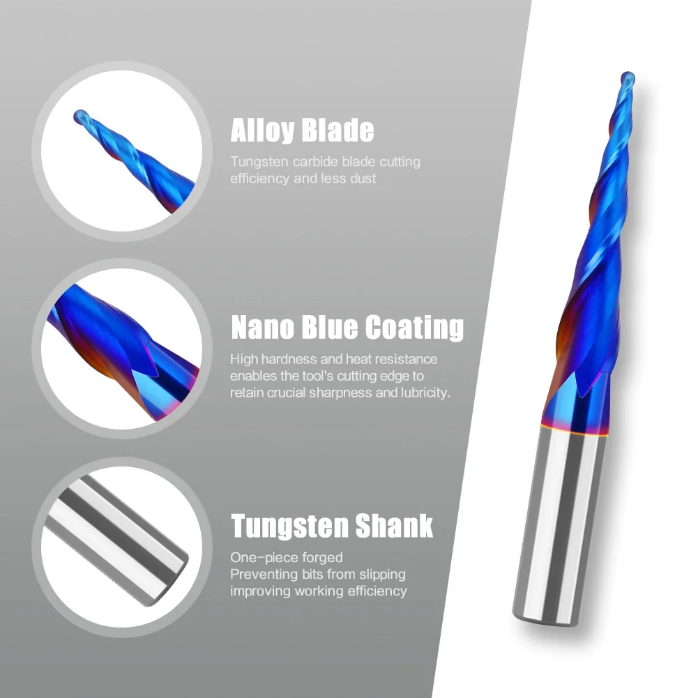 1/4"Shank 8mm Shank Taper 1PC Tungsten Steel Drill Bit Nano Blue Coated Cutter Carbide Router Bit CNC End Milling Bit