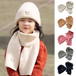 Solid Color Crochet Hat With Scarf Two-Piece Set Wool Knitting Skullies Cap Thicken Warm Neckerchief Child Winter Hat Scarf