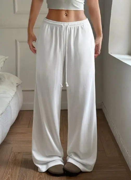 Pantalon de sport et de loisirs à jambes larges pour femmes, couleur unie, taille haute, sangle cintrée avec poche, été