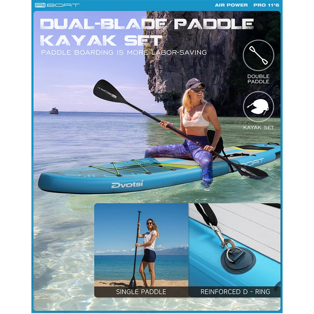 Planche de paddle gonflable AIBOAT Blue PRO 11'6''x35''x6'' de large, stable, pour la pêche, étanche, pour adultes, avec kit complet pour sports nautiques récréatifs.