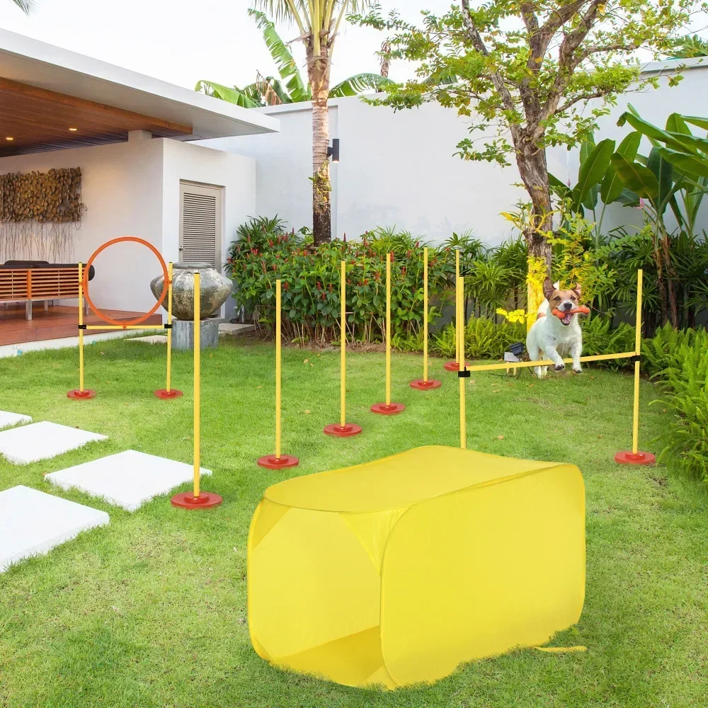 4-Piece Dog Agility Training Equipment Doggie Obstacle Course with Tunnel, Hurdle Bar, Hoop, Weave Poles