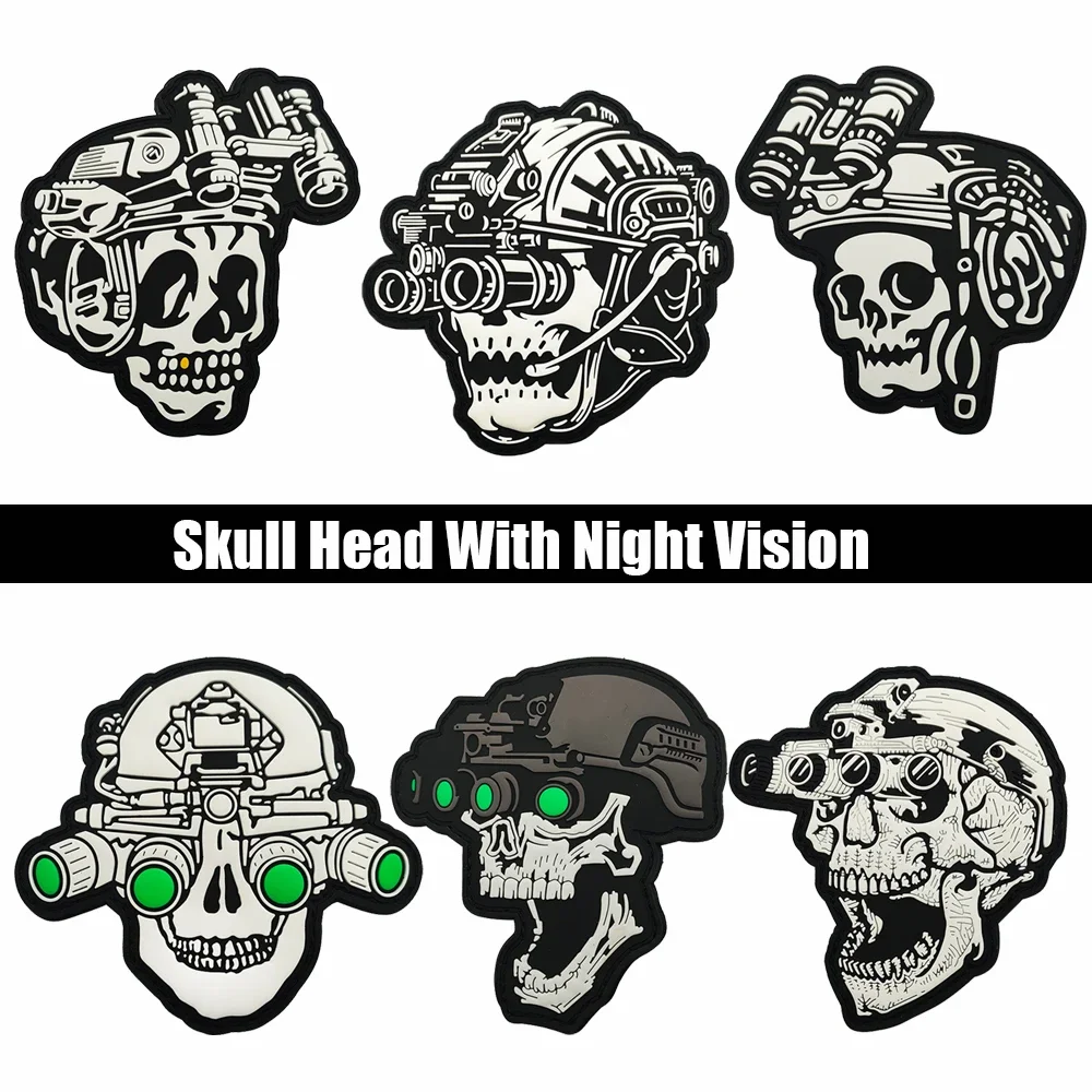 Skull Head With Telescope Forward Tactical Skull Face Bone White Black Patch 3d PVC Rubber Hook Backing Applique  For Bag Hat