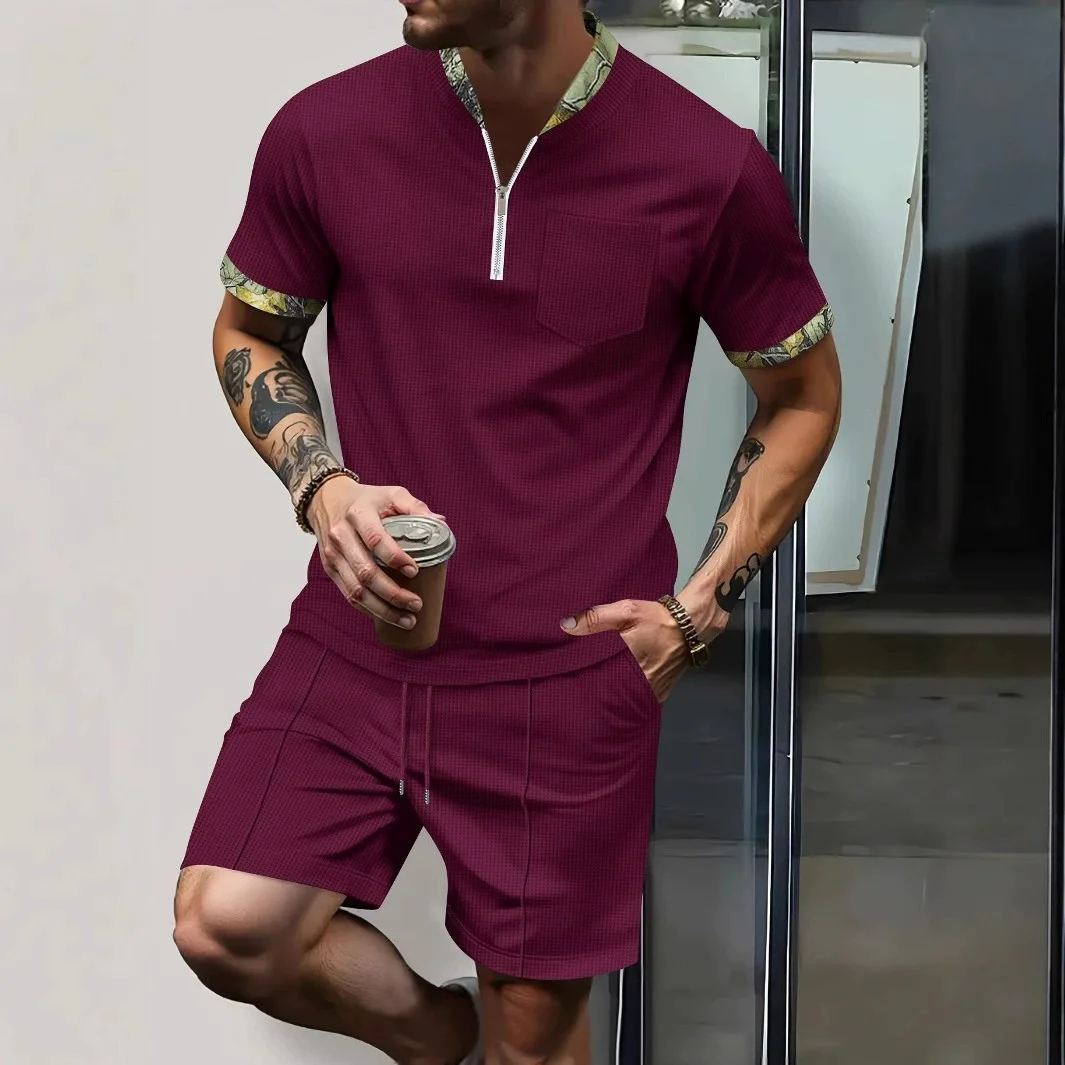 

Men's summer fashion waffle shirts, zipper stand-up collared breathable suits, casual outdoor camping and sports outfits