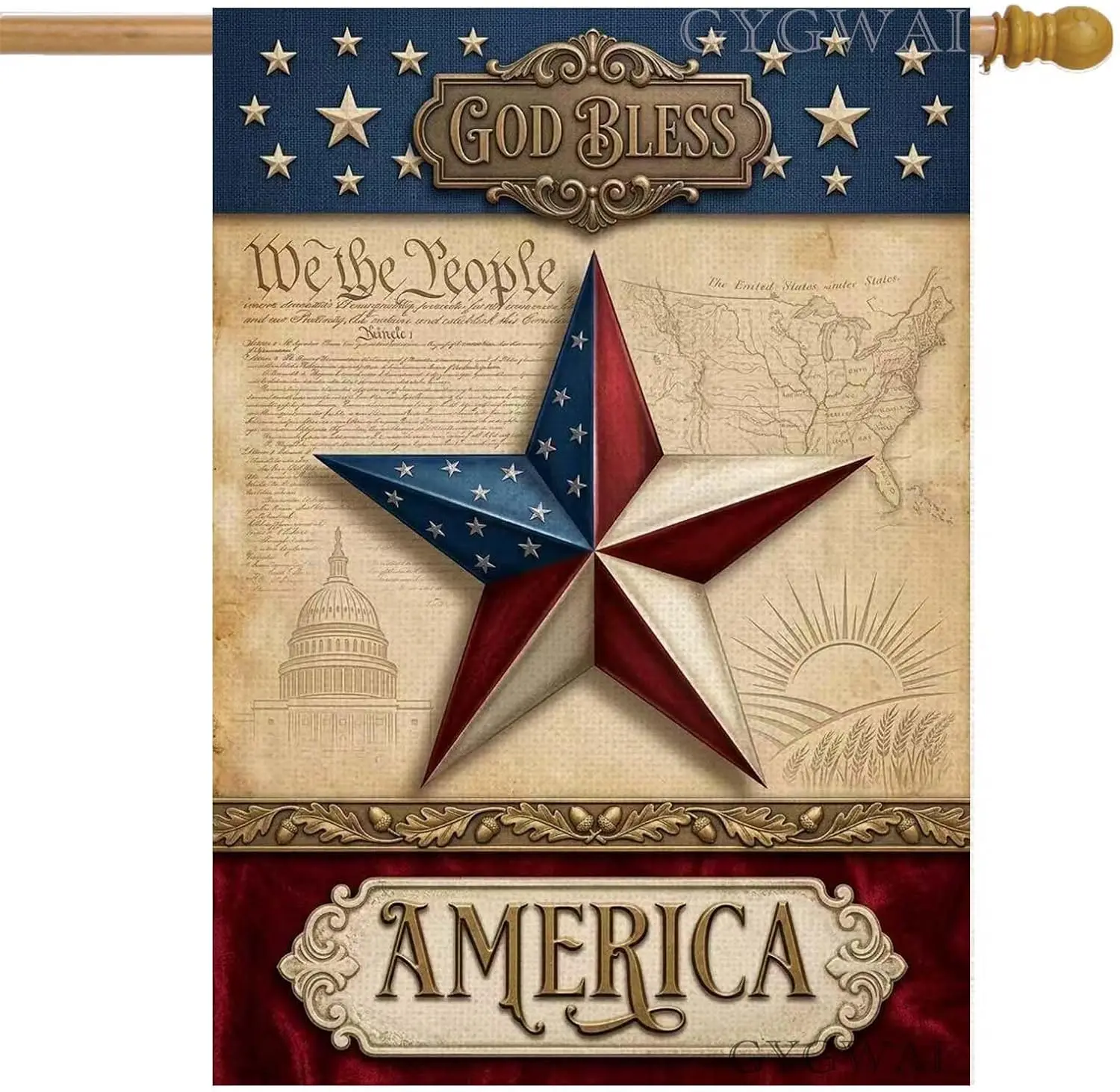Patriotic God Bless America 4th of July House Flag 28x40 Inch Double Sided for Outside, Burlap USA Star Independence Day Mem kkz