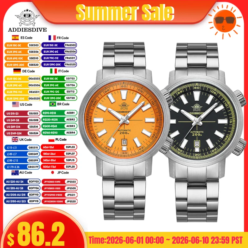 

ADDIESDIVE Men Watch Luxury 20Bar Waterproof BGW9 Super Luminous Japanese AD2093 8215 Sapphire Grass Automatic Mechanical Watch