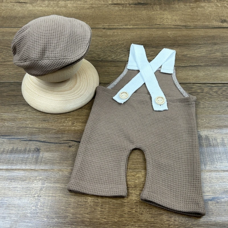 67JC Baby Photography Clothing Beanie and Back Strap Long Pants Set for Newborns