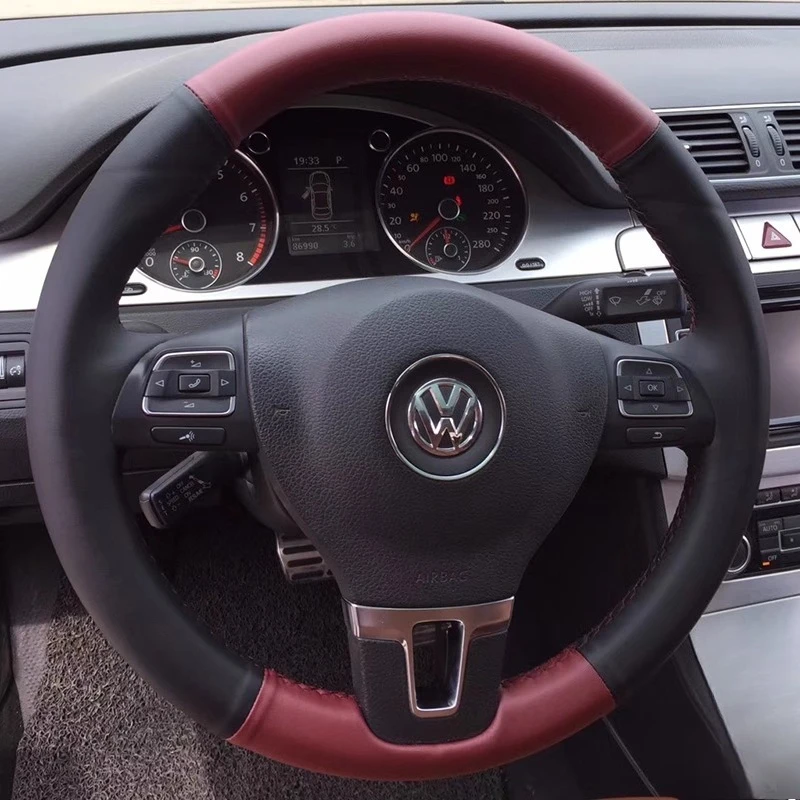 

Для Volkswagen Golf 6 Mk6 VW Polo Sagitar Bora, сшитый вручную, винно-красный, черный, из натуральной кожи, нескользящий чехол на руль автомобиля