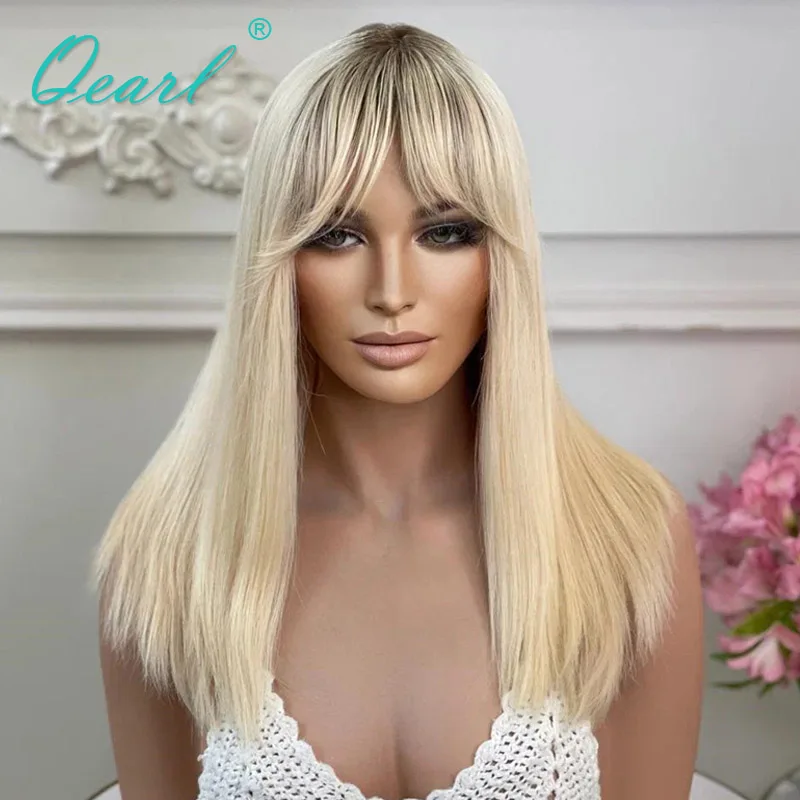 Wig with Bangs 100% Natural Real Human Hair Wigs Sale Bob Shoulder Lace Front Wig for Women Honey Blonde Color Glueless Qearl