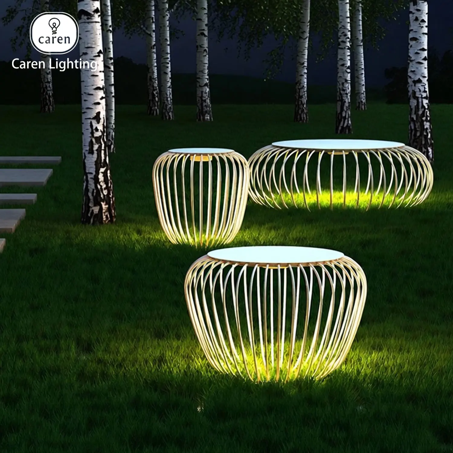 Modern Outdoor LED Side Table Coffee Table Solar Powered Patio Furniture IP65 Waterproof Stainless Cage Table Garden Balcony