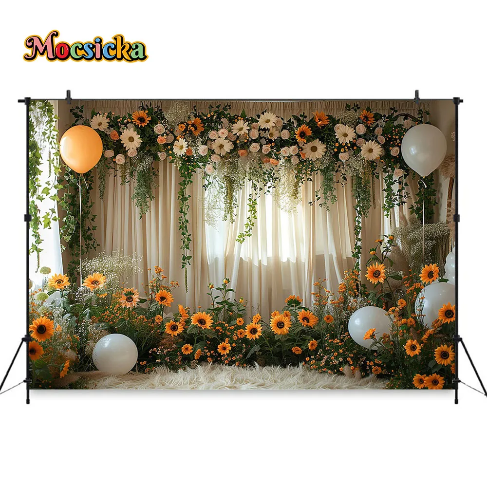 Sweet Sunflower Girl Birthday Photography Background Flowers Retro White Wall Balloon Backdrop Decor Children Photo Stuido Props