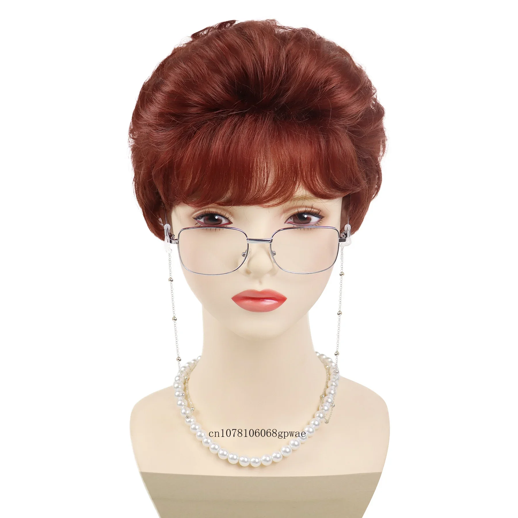 Synthetic Hair Short Auburn Curly Wigs for Women Granny Cosplay Costume Set with Glasses Chain Necklace Daily Blanche Mommy Wig