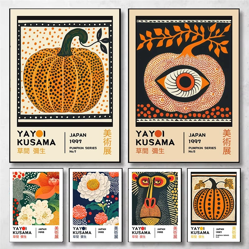 

Yayoi Kusama Exhibition Posters Prints Japanese Pumpkin Floral Wall Art Canvas Painting Picture for Home Living Room Decor Mural