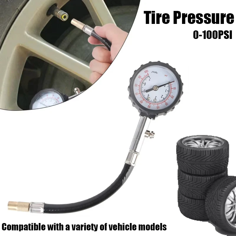 

High Precision 0-100 PSI Analog Car Tire Pressure Gauge with Long Flexible Hose Heavy Duty Air Pressure Tester