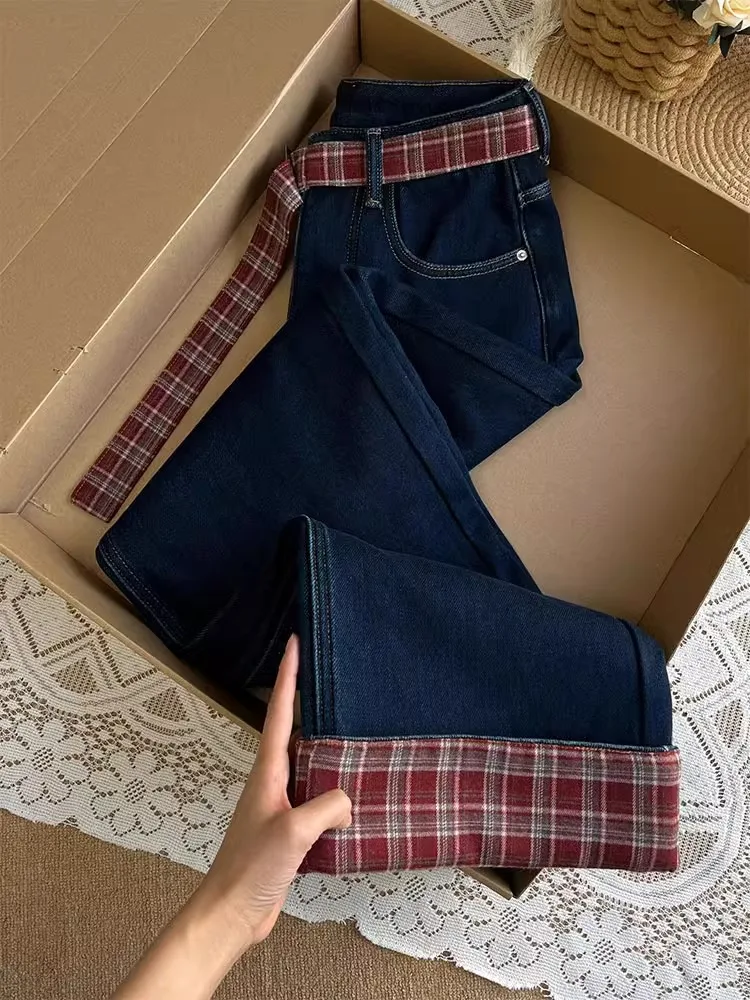 

Deep Blue Plaid Splicing Turn-Up Fce-Lined Loose Slimming Wide Leg Jeans for Women Autumn Winter High Waist Loose Fit