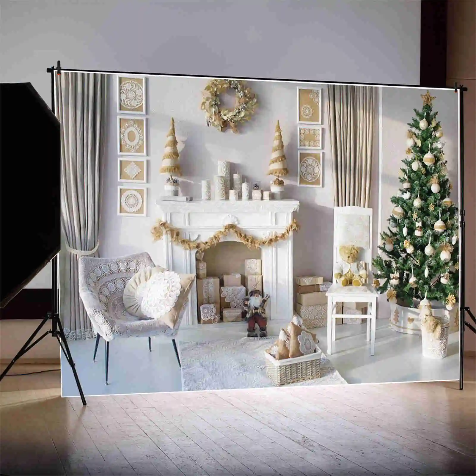 MOON.QG 2025 Christmas Photography Backdrop Xmas Tree Fireplace Home Decoration Background Children Party Photo Studio Back Drop