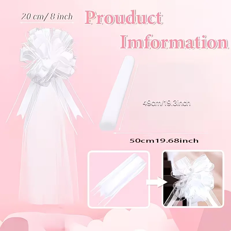 1Pc Large White Wedding Pull Bow with Long Tulle Tails, Organza Pew Bow for Church Chair Car Party Valentine Christmas Decor