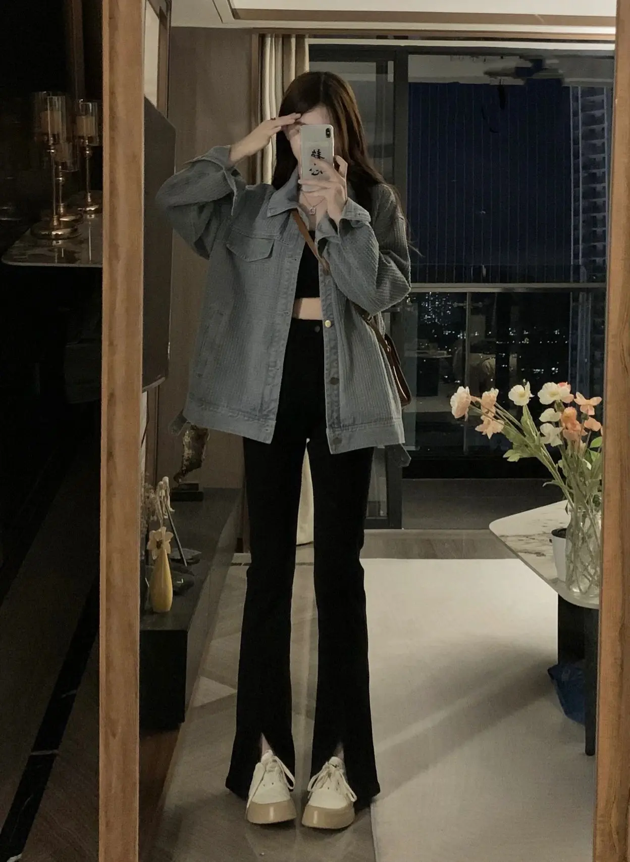 

High Waist Flared Jeans Women's Spring Autumn Straight Leg Slimming Long Pants High Street Trend Split Design Cotton Stretch ...