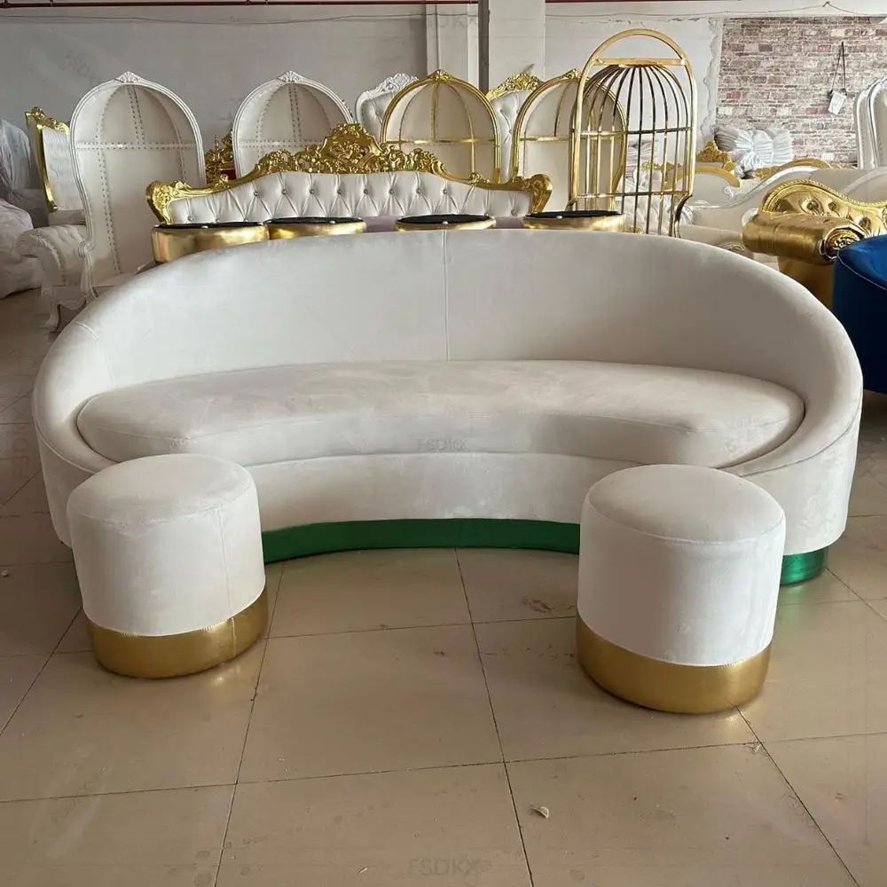 Luxury Design Fashion Home Furniture Three Seater Wedding Sofa Curved Gold Stainless Steel Legs Wedding Hotel Banquet Hall