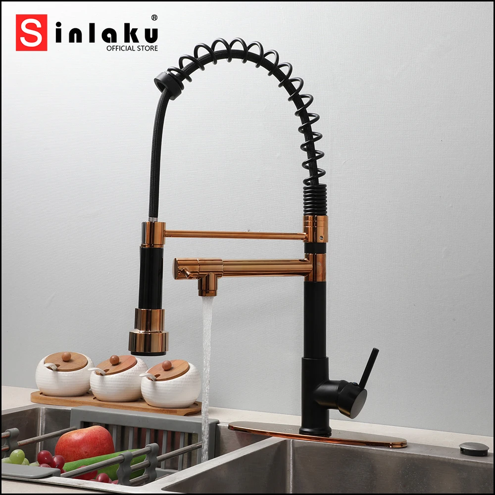 SINLAKU Kitchen Rose Gold Black Sink Faucet two Handle Spring Hot and Cold Water Tap Deck Mounted Bathroom Kitchen Crane