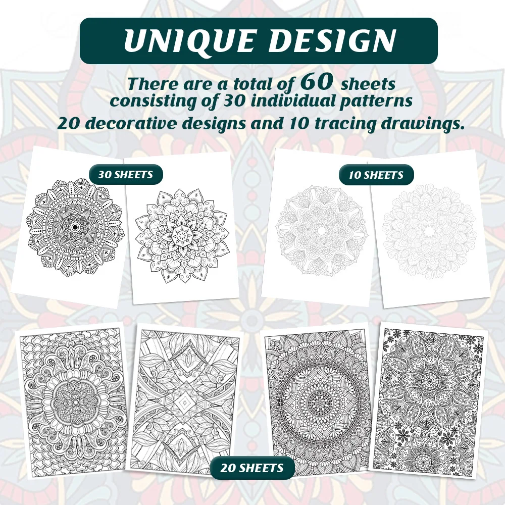 60 Pages Creative Coloring Book Brilliant Mandala Adult Coloring Book Stress Relieving Art Pencil Colored Coloring Drawing Book image 6