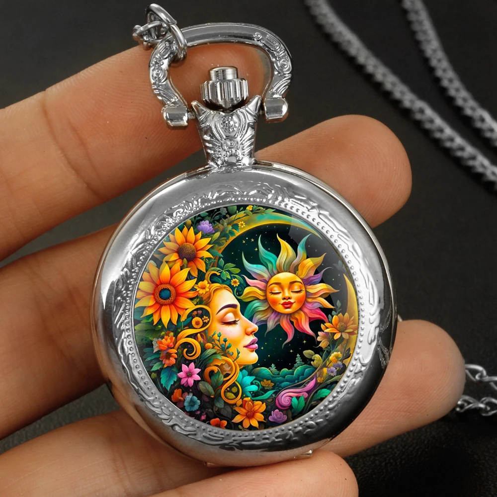 Personalised Silver Stainless Steel Flower Sun and Moon Glass Dome Quartz Pocket Watch Necklace Women Jewelry Pendant Chain
