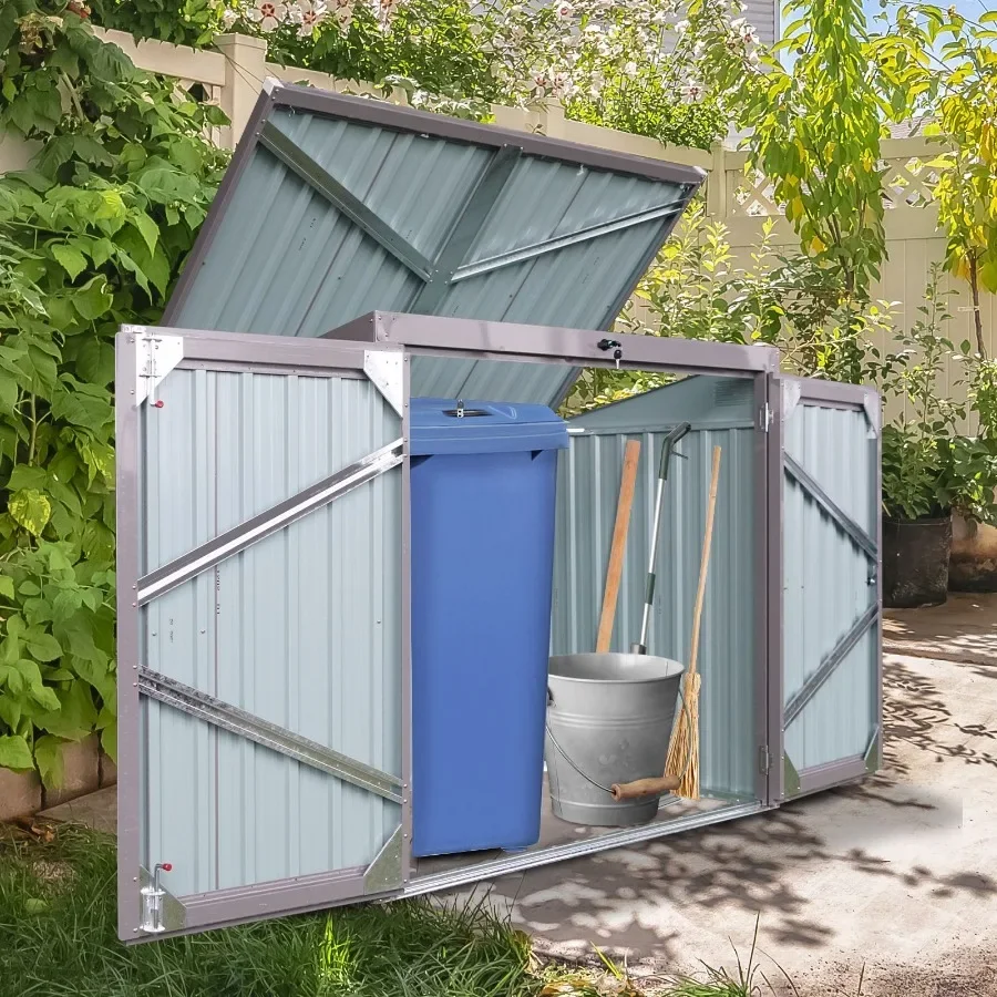 

Garbage Bin Shed Stores 2 Trash Cans Metal Outdoor Bin Shed for Garbage Storage Stainless Galvanized Steel Bin Shed for Garden