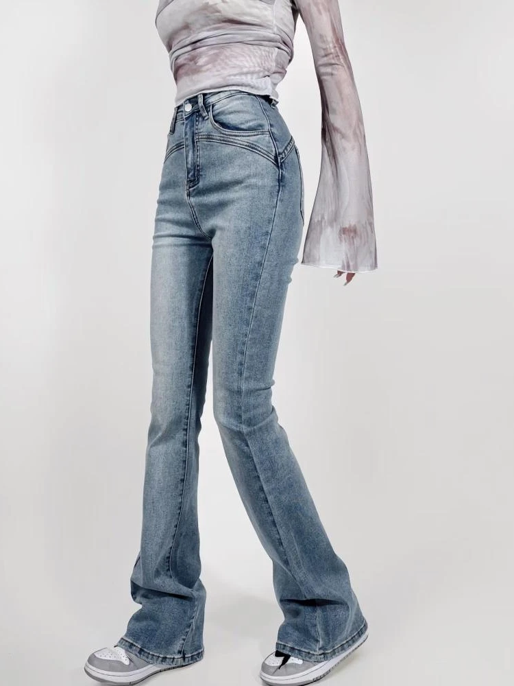 American High Street High Waist Elastic Peach Butt Jeans Women's Spring Autumn Elastic Slimming Micro Flared Pants Long Trousers