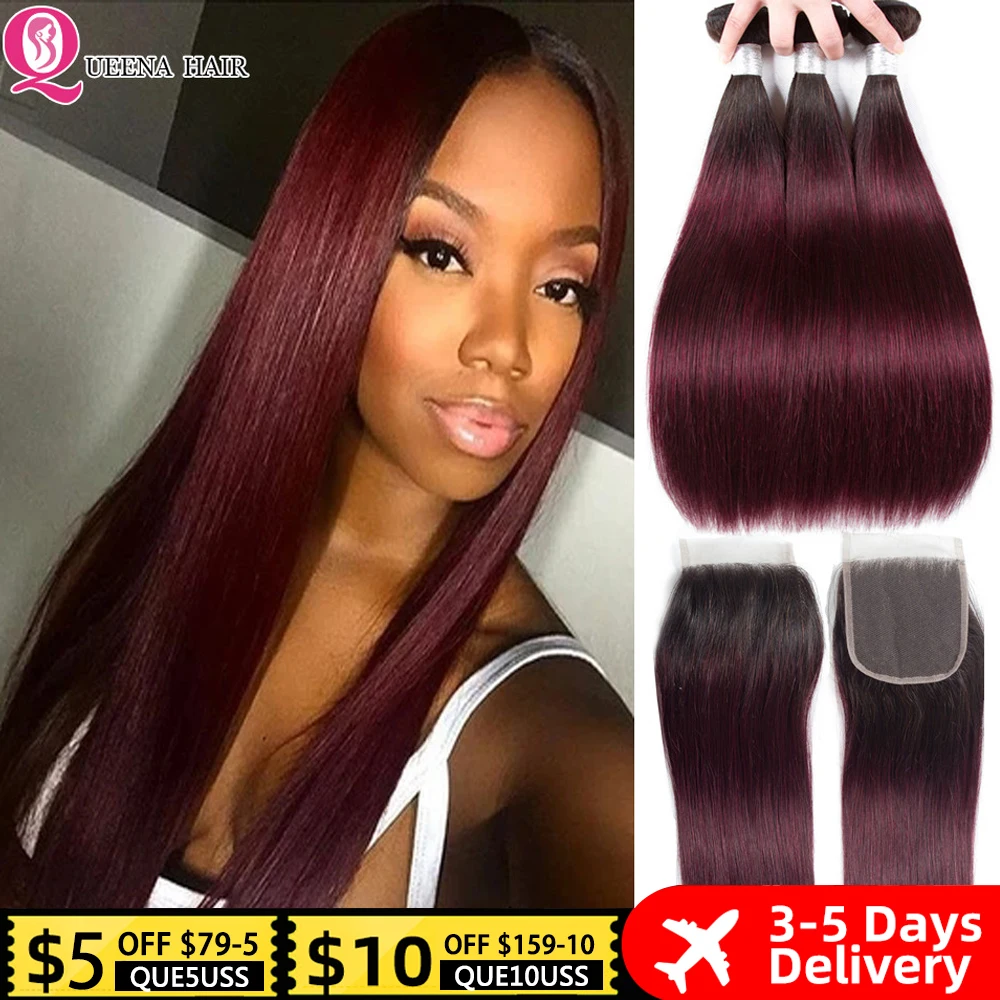 

1B 99J Bundles with Closure Ombre Colored Red 2/3/4 Bundles with Closure Peruvian Straight Human Hair Weave Bundles with Closure