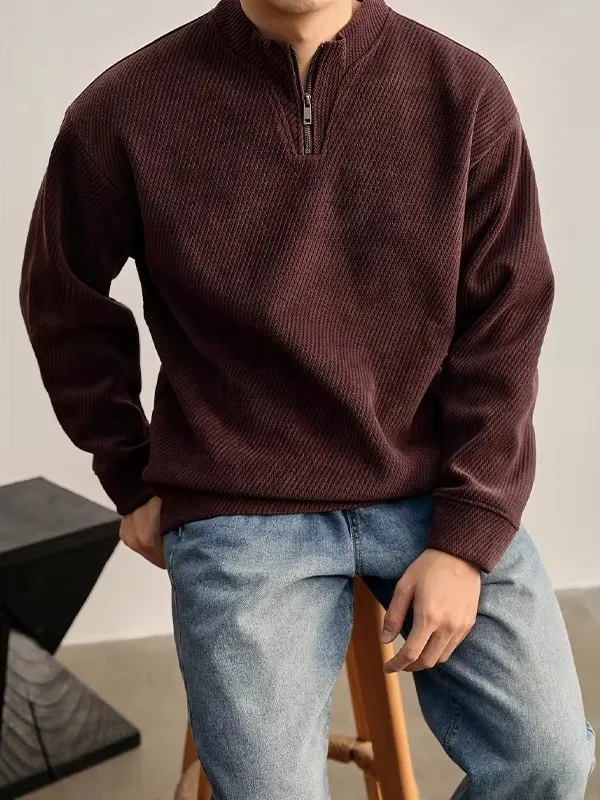 

Мужская толстовка свободного кроя на молнии, однотонная, с воротником-стойкой, длинными рукавами, повседневный топ, весна-осень, винтажный стиль, для отдыха