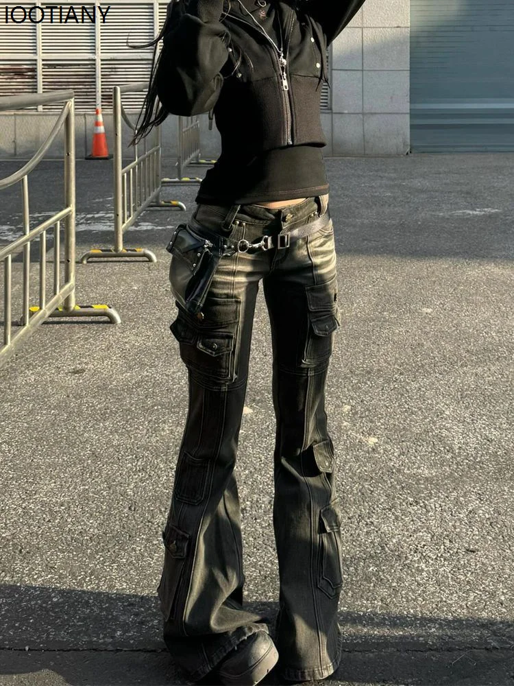 

Y2k Retro Punk Women's Flared Jeans Harajuku Distressed Low-rise American Multi-pocket Denim Overalls Casual Micro-flare Pants