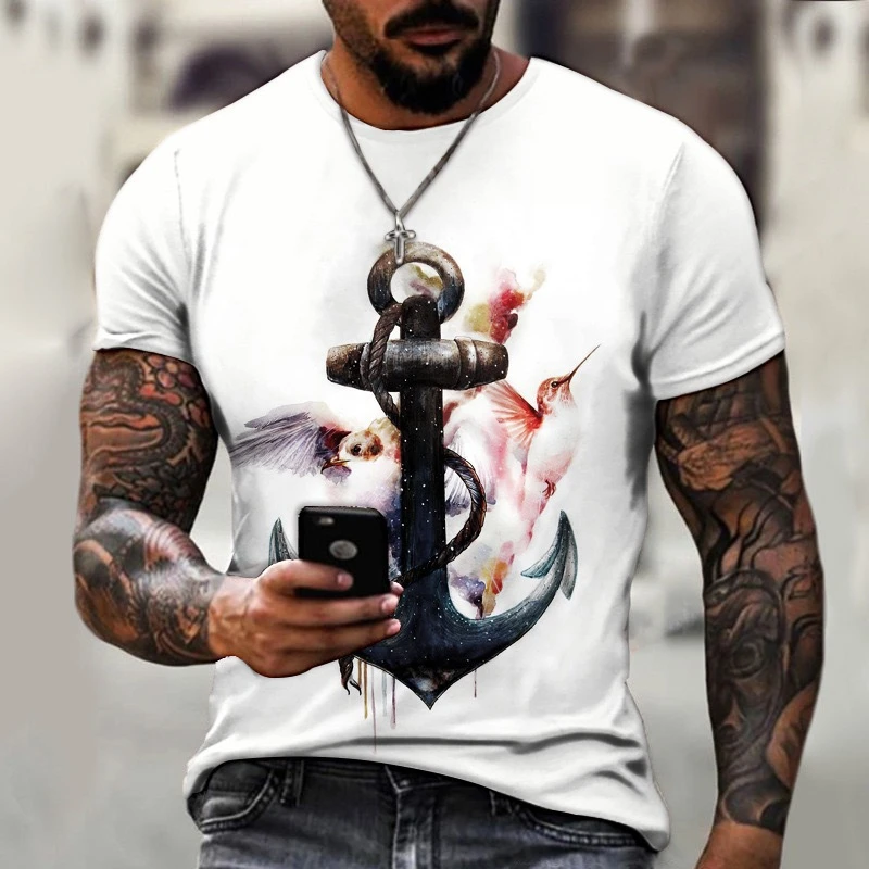 Vintage Men\'s T-shirt Summer Short Sleeve O-neck 3D Anchors Print Top Tee Shirt Oversized Men\'s Clothing Casual Streetwear