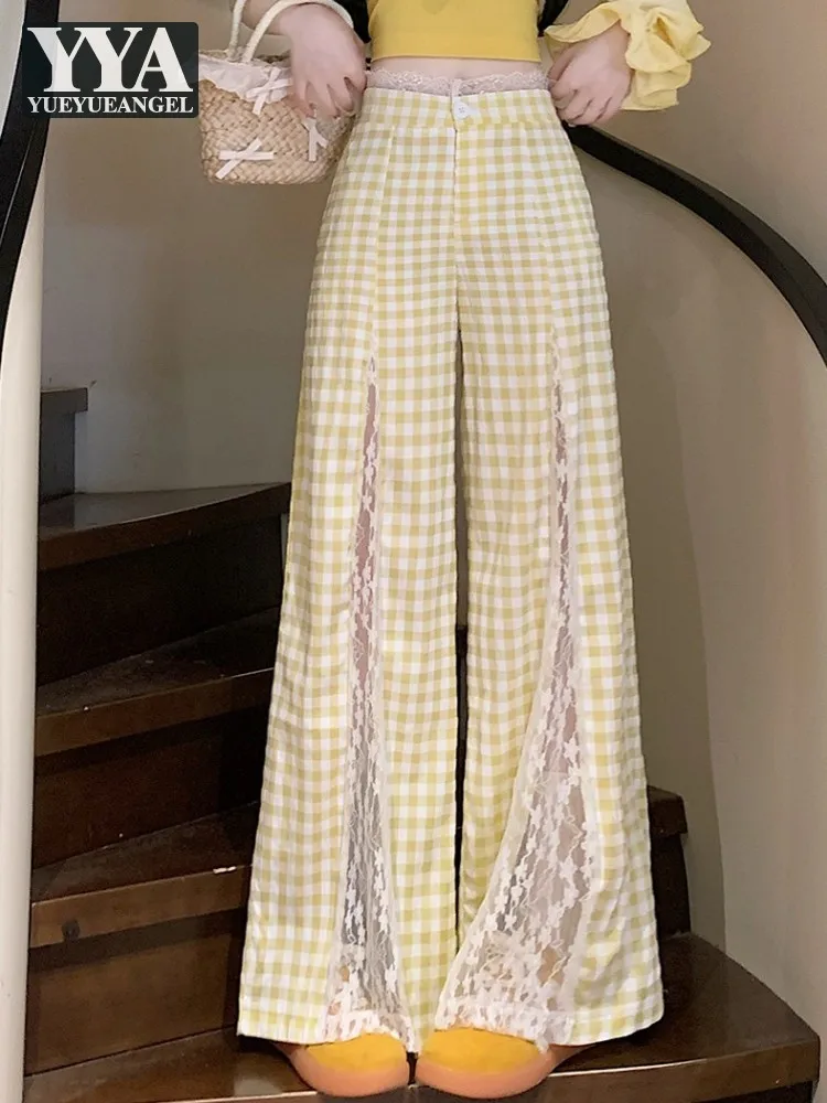 

Fashion Women New Korean Style Sweet Lace Patchwork Checked Pants High Waist Wide Leg Pants Long Trousers Summer Straight Pants