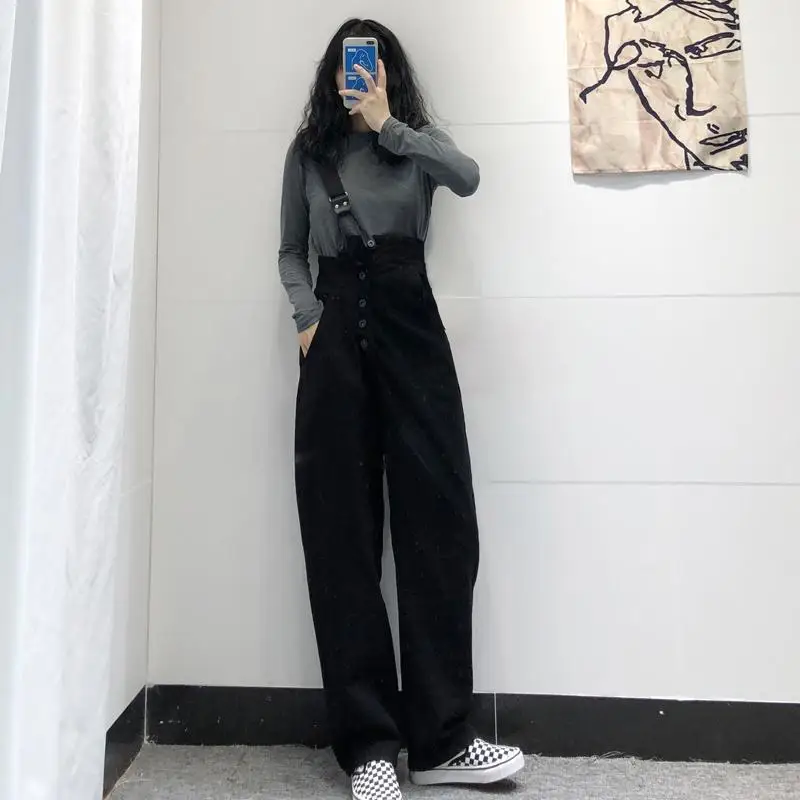 Women Jumpsuits Straight Mopping Fall Korean Style Button One-shoulder Adjustable Wide Leg Trousers All-match Students Overalls