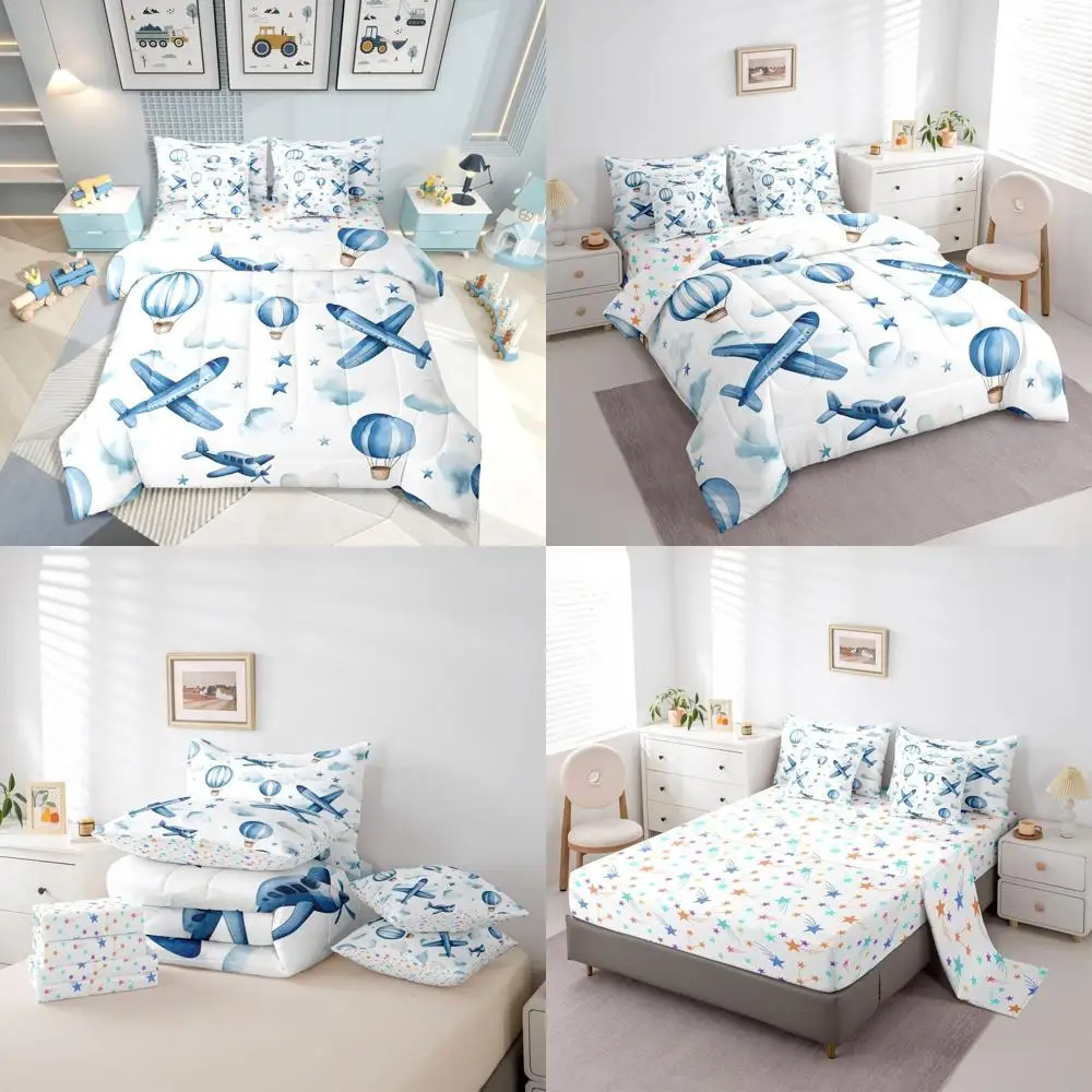 

7-Piece Hot Air Balloon Themed Bedding Set for Kids and Adults - Blue and White Clouds Comforter with Sheets