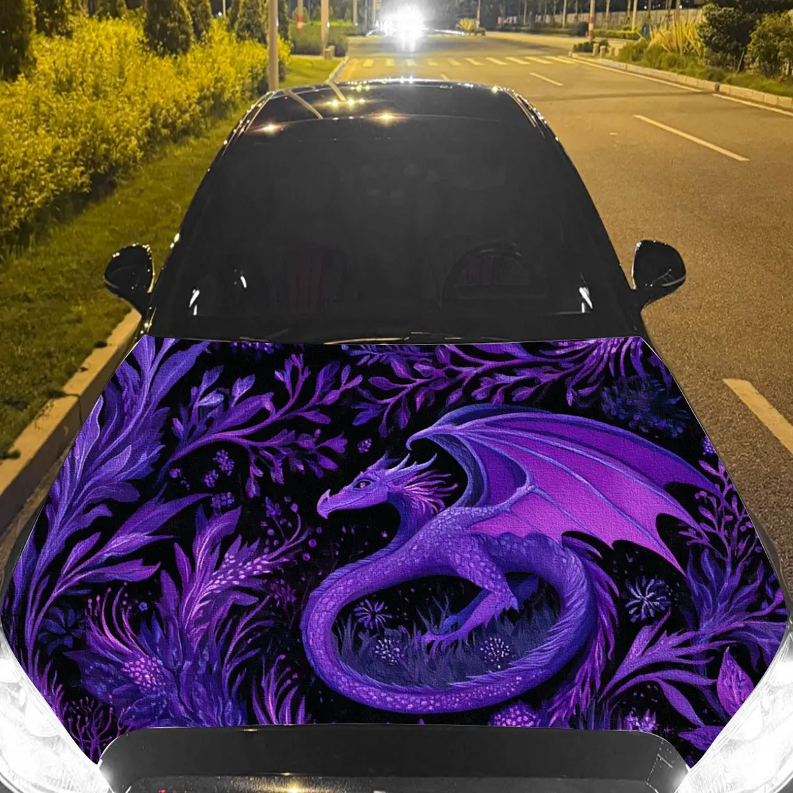 

Car Decal Purple Dragon Amid Foliage-Themed Background & Artistic, Fantasy-Infused Visual Details Car Hood Sticker, Waterproof S