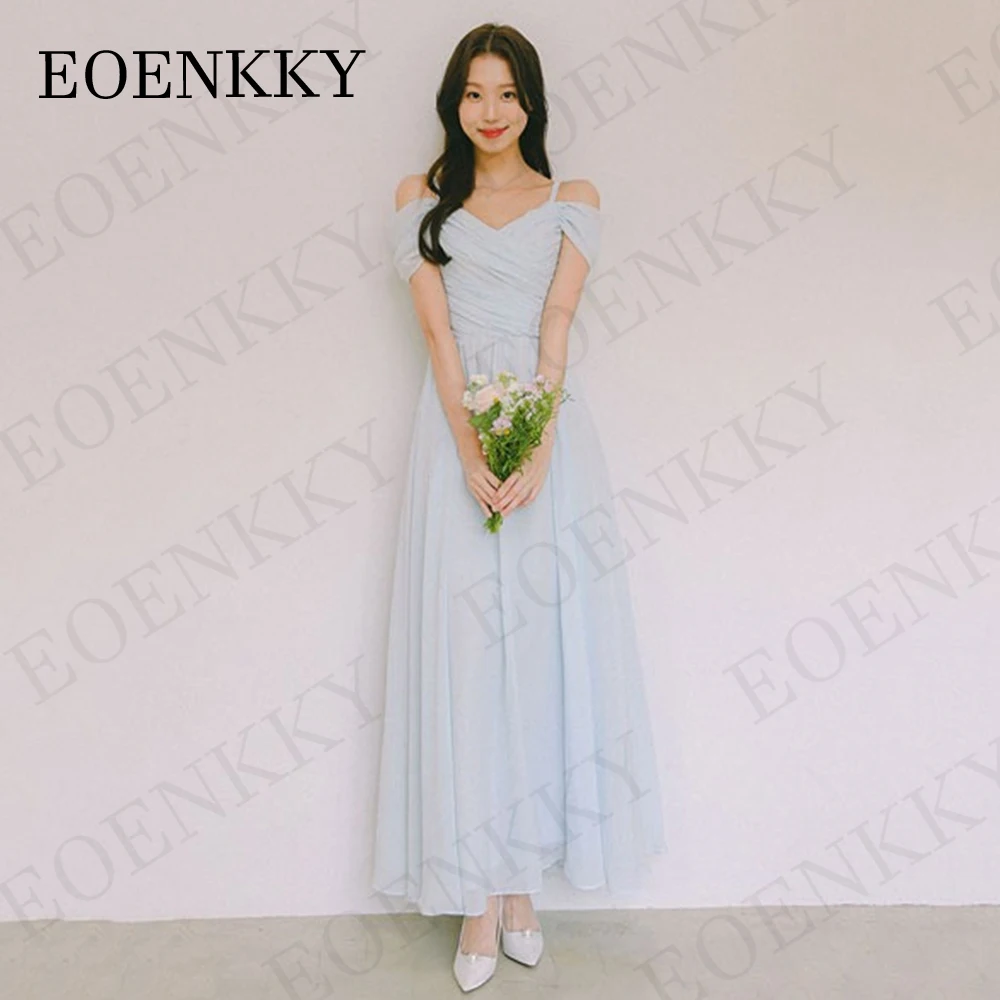 Blue Korea Off Shoulder Prom Dresses Fairy Chiffon A linha de couro no sul pregas simples Cintas de espaguete Vestidos Formais Evening Party Coreia Azul Vestidos de Baile sem Ombro Fairy  Chiffon em linha A 댄스 파티 드레스 S