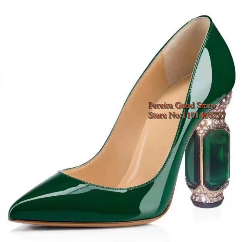 

Изумрудно-зеленые туфли-лодочки на массивном каблуке со стразами, розовые женские вечерние модельные туфли без шнуровки из лакированной кожи с острым носком