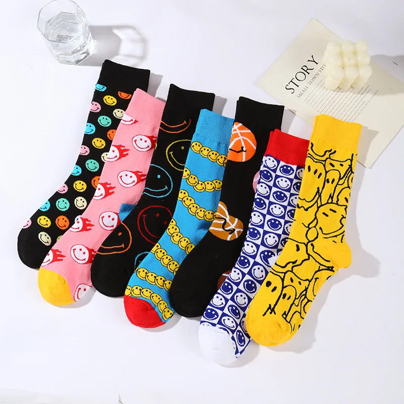 

Cartoon Funny Smile Pattern Fashion Elegant Lovely Girls Long Socks Happy Harajuku Skateboard Women Cute Skirt Sox Autumn Winter