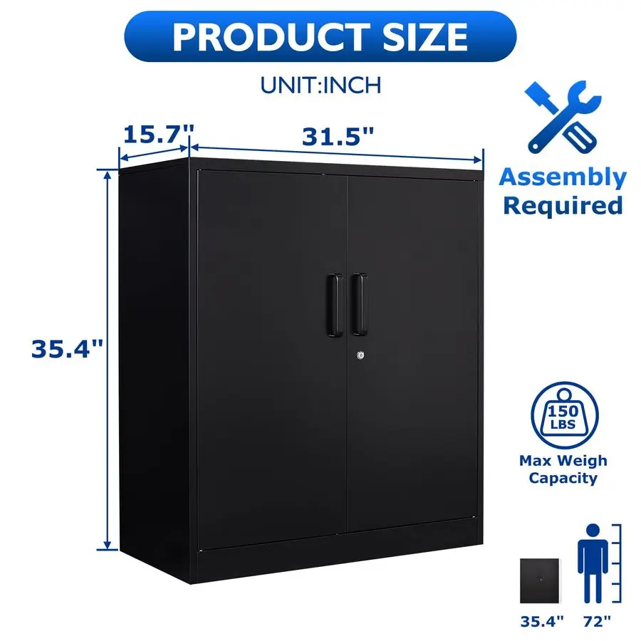 Storage Cabinet, 2 Doors Garage Cabinets, Steel Utility Tool Caninet, Short Locking Caninets with Adjustable Shelves, Black Lock