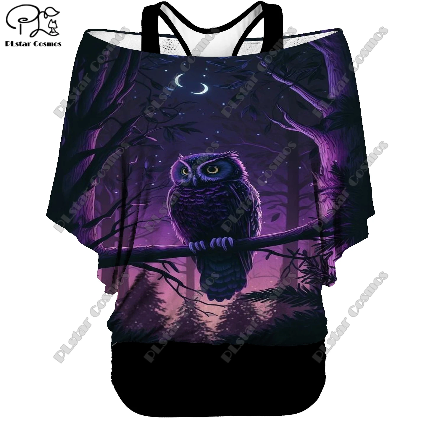 

PLstar Cosmos 3D Printed Cute Owl Pattern Fake Two-Piece Top Women's Casual T-Shirt Harajuku Streetwear Collection 2