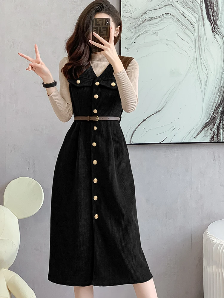 Autumn Winter Lady Fashion Two Piece Set Dress For Women Knitted Sweater Pullover Top + Corduroy Slim Waist Vest Midi Dress 2024