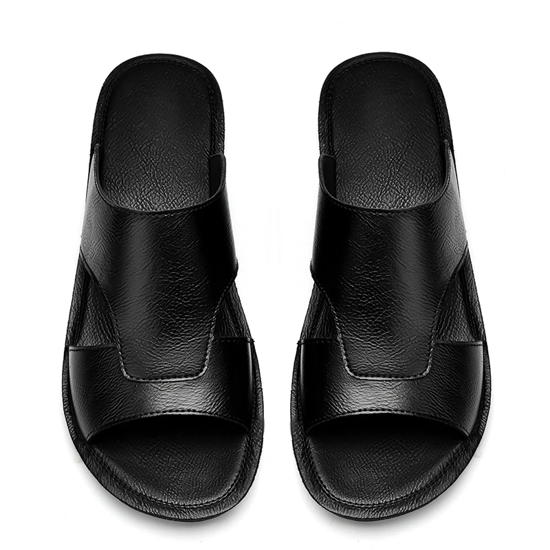 Men Leather Slippers Slides Summer Casual Flat Shoes Retro Style Anti-Skid Thin Soles Indoor Outdoor