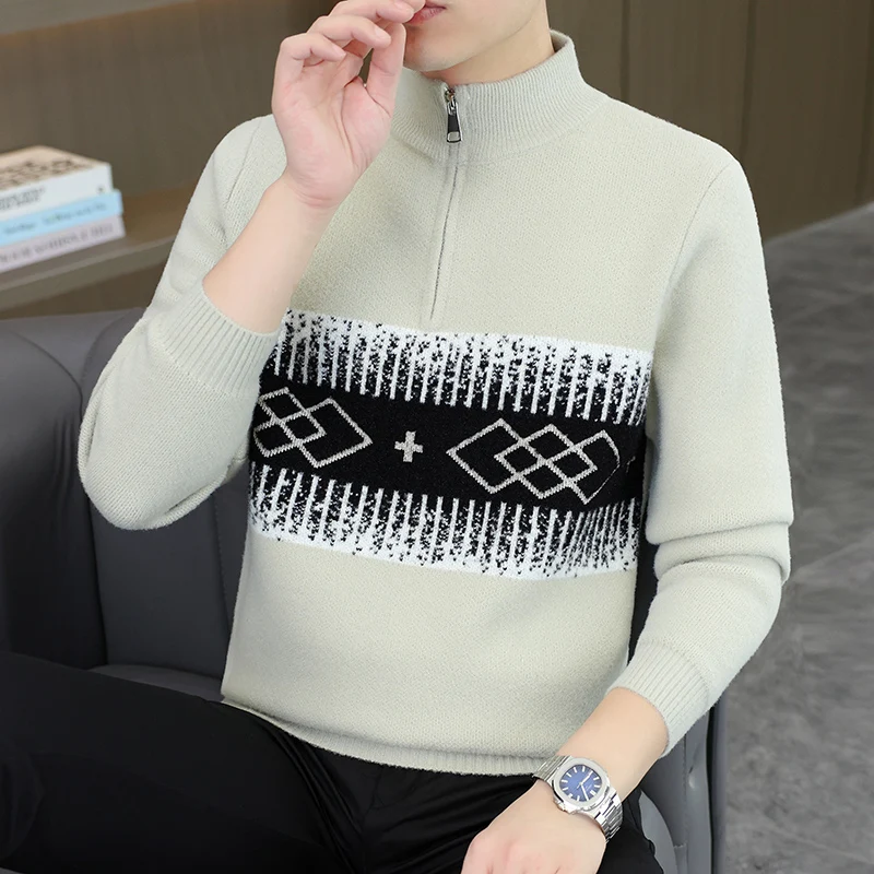 

Мужской вязаный свитер на молнии с высоким воротником, теплый базовый слой, осень-зима, элитный цвет, Blo, геометрический узор