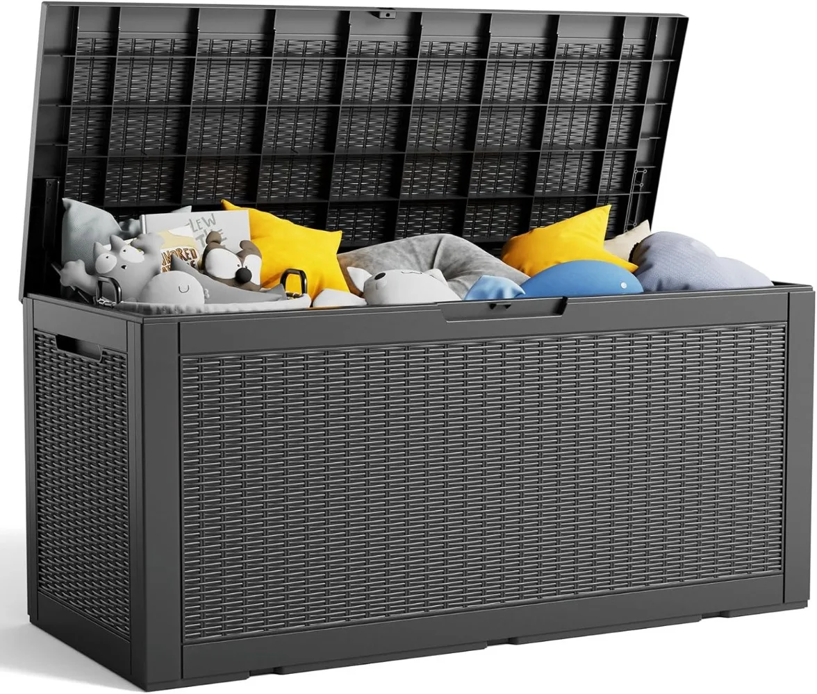

100 Gallon Deck Box, Large Resin Outdoor Storage Box Waterproof, Outside Deck Box with Lockable Lid for Patio Furniture