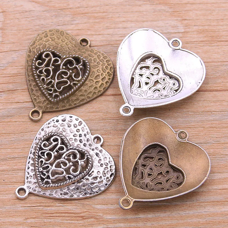 6Pcs 30*35MM 2 Color Retro Zinc Alloy Hollow Double Heart Charm Connectors Linker For DIY Pendant Jewelry Accessorie